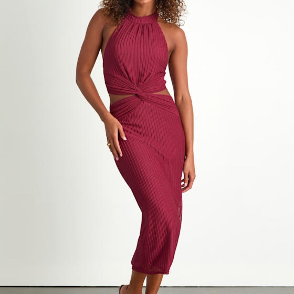 Lulus Poised Attitude Burgundy Halter Cutout Twist-front Midi Dress Red